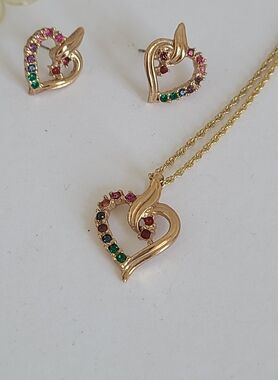 Vintage Gold Plated Multi Coloured Rainbow CZ Crystal Heart Necklace Earrings